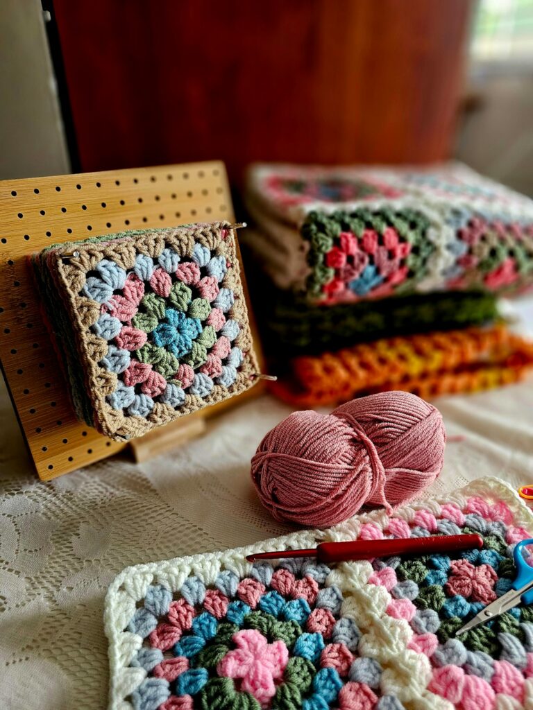 Handmade crochet blanket and yarn on a bed; photo Srozan Nadzmi